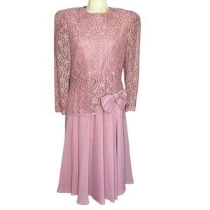 Vintage Pink Lace Dress Sheer Sleeves Bow 80s Party Prom Size 12